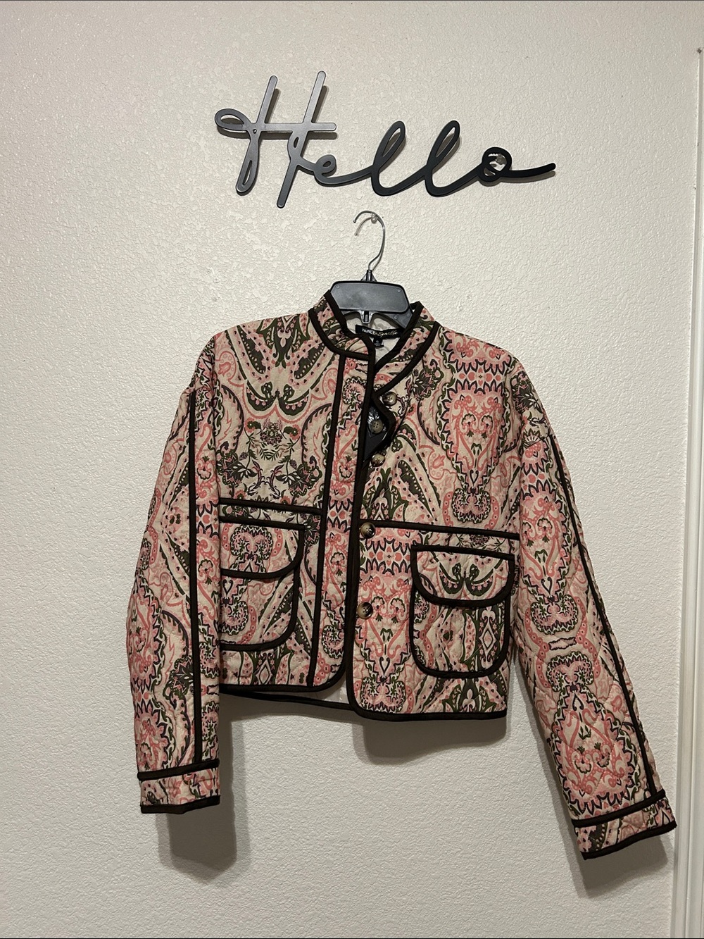Womens Pink & Green Patterned Quilted Jacket with Black Trim